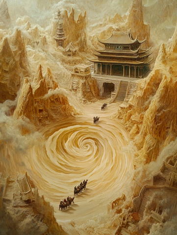 沙漠中驼队经过古老建筑的景象