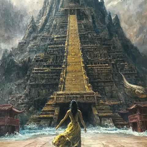 女子走向神秘古老金字塔建筑