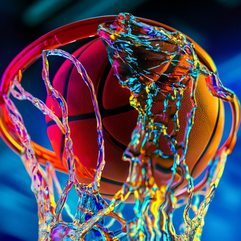 篮球穿越球网瞬间