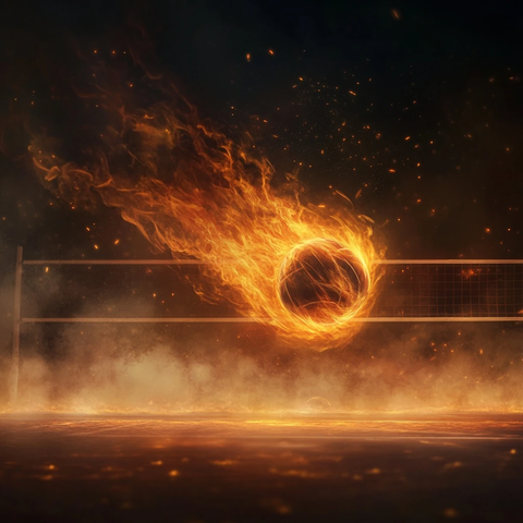 燃烧的火焰排球飞过烟雾球场