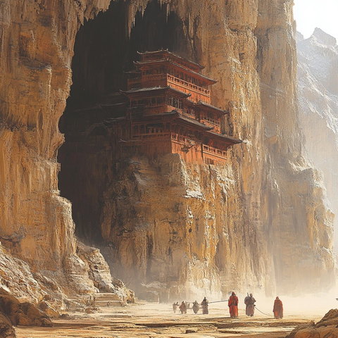 山间独特建筑下的人物景象