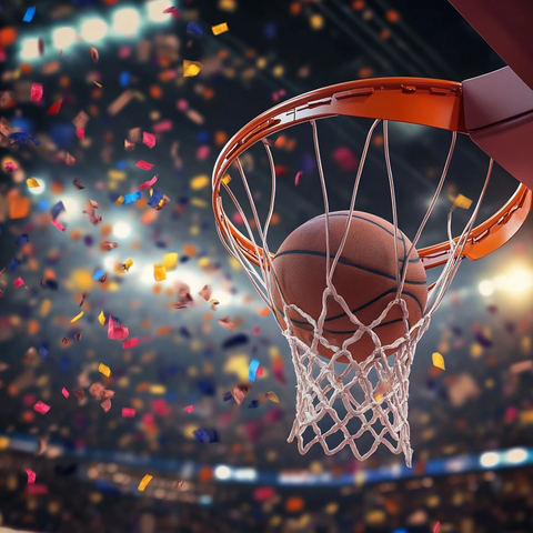 篮球入篮筐瞬间赛场飞舞的彩带