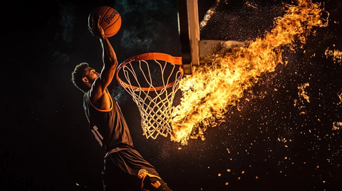 篮球运动员扣篮燃烧篮筐