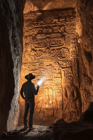 男子在洞穴内借光查看岩壁上的古老雕刻