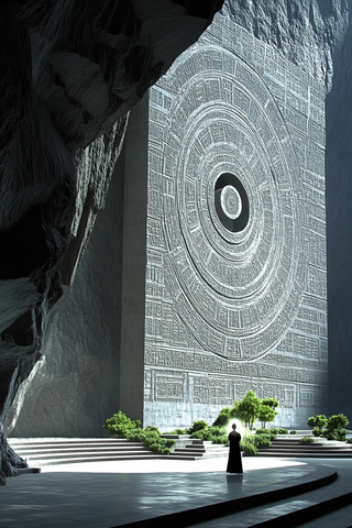 巨石刻神秘纹路前站着人的神秘场景