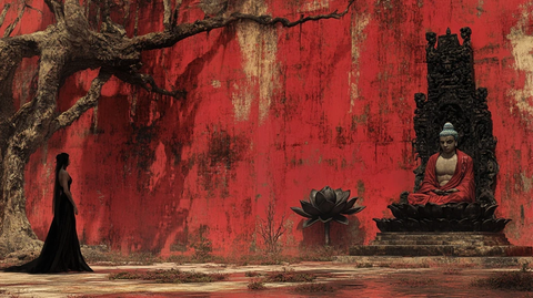 红墙下女子面对佛像雕塑的神秘场景