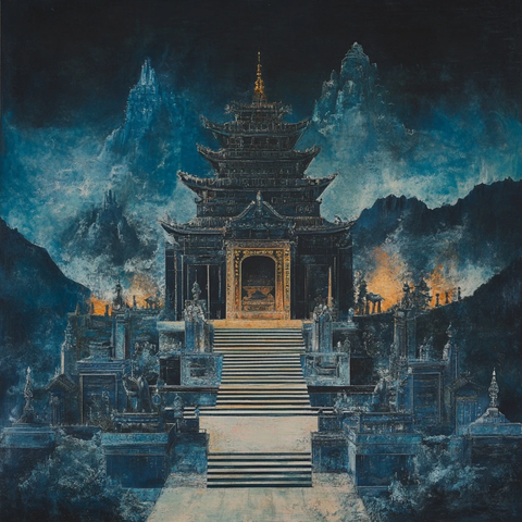 中式古建筑群在山间的神秘夜景