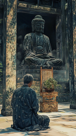 僧人于古佛像前虔诚跪拜