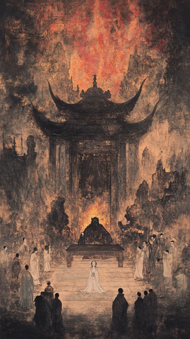 古建筑前众人聚集的神秘场景