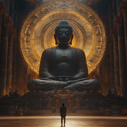 人在巨型佛像前的庄严场景