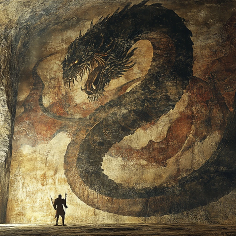 人物站在壁画前凝望巨龙的画面