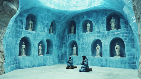 冰雕室内两人跪地祈祷