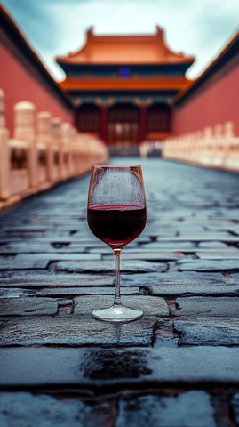 故宫石板路前景中的一杯红酒