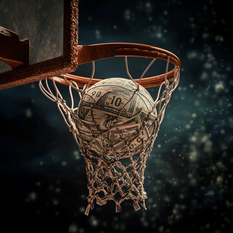 篮球穿过钞票构成的篮网