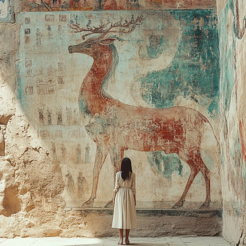 女子身穿长裙站在壁画前欣赏