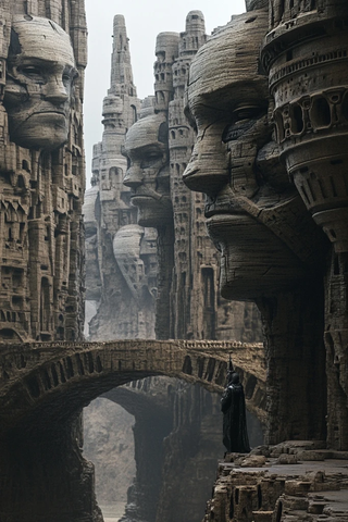 神秘人脸雕像与石桥的奇异景观