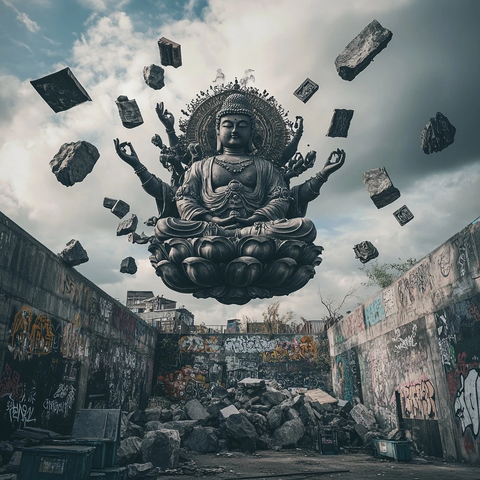 废墟中悬浮的多臂佛像