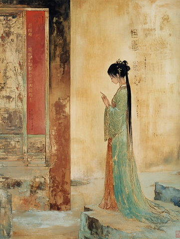 身着古装的女子在古墙前静立祈祷