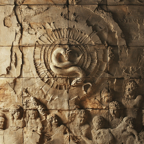 雕刻着蛇形图案和人物的古老石壁