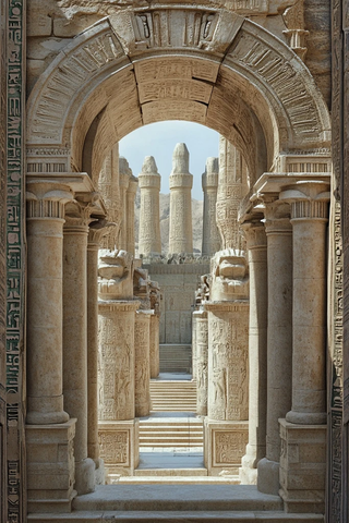 刻有象形文字的古埃及风格石质拱门建筑