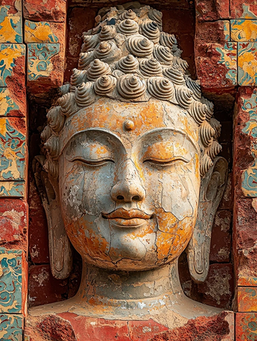 古老斑驳的佛像头部特写