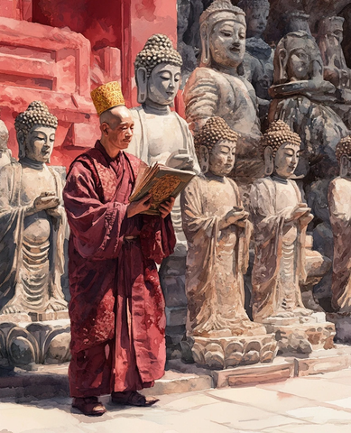 僧人在佛像前诵读经文的场景