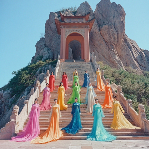 古装女子在山石台阶上的合影