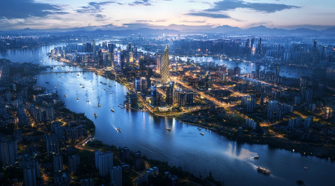 城市夜景鸟瞰河流两岸灯火璀璨的景象