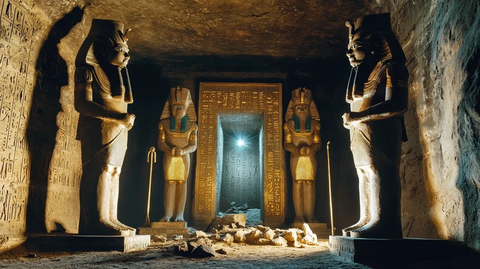 神秘古埃及墓室内的巨大石像