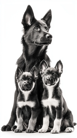 成年牧羊犬与幼犬黑白照