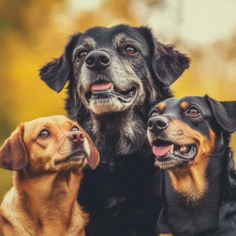 三只不同年龄的快乐狗