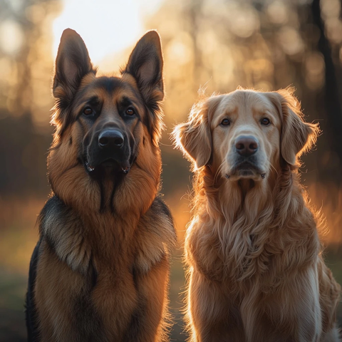 德国牧羊犬与金毛犬并肩站立