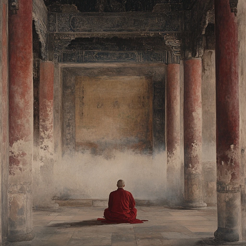 僧人独坐古旧建筑内似在修行