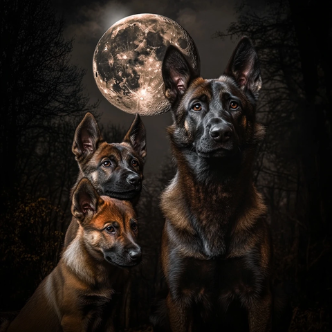 三只比利时玛利诺犬月下嚎叫