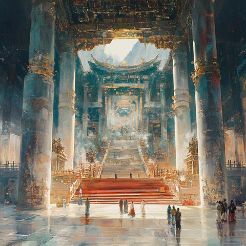 宏伟宫殿内景众人行走其中