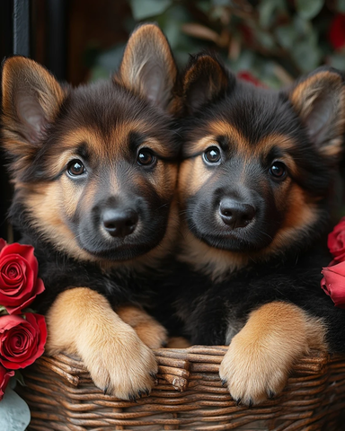 德国牧羊犬幼犬坐在花篮中