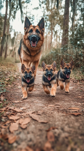 德国牧羊犬母子欢快奔跑