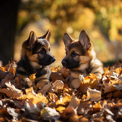 德国牧羊犬幼犬玩落叶