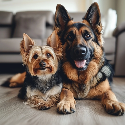 小约克夏依偎大德国牧羊犬