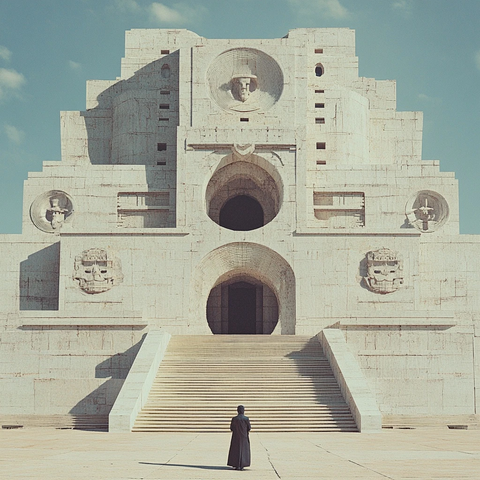 身穿黑袍之人站在宏伟建筑前