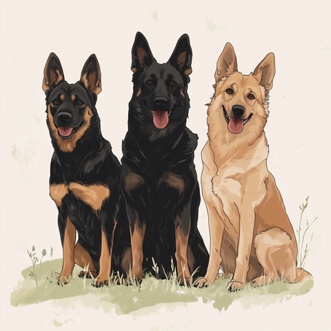 德国牧羊犬三种颜色并排坐