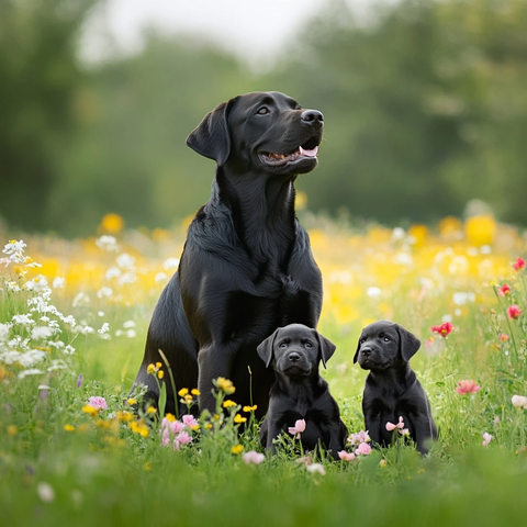 拉布拉多犬与幼犬在花田