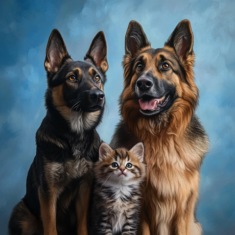 成年犬与幼崽蓝背景合影