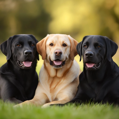 三只狗两黑一黄躺卧