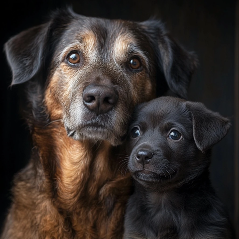 老狗与小狗并肩而坐