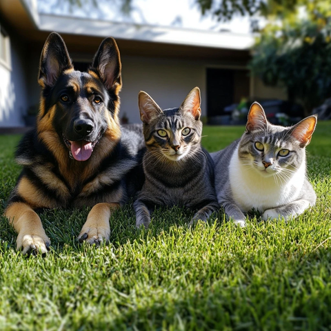 德国牧羊犬与混种犬猫草地相依