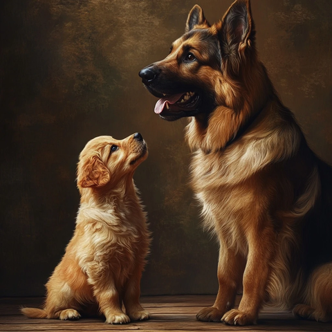 德国牧羊犬注视金毛幼犬