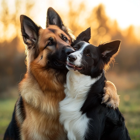 德国牧羊犬拥抱边境牧羊犬