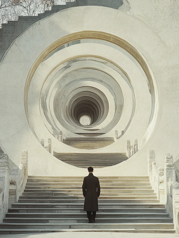 穿大衣的人站在环形阶梯隧道前的背影