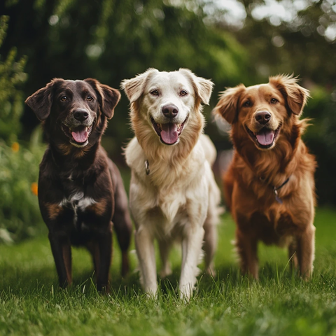 三只狗站在绿色草地上